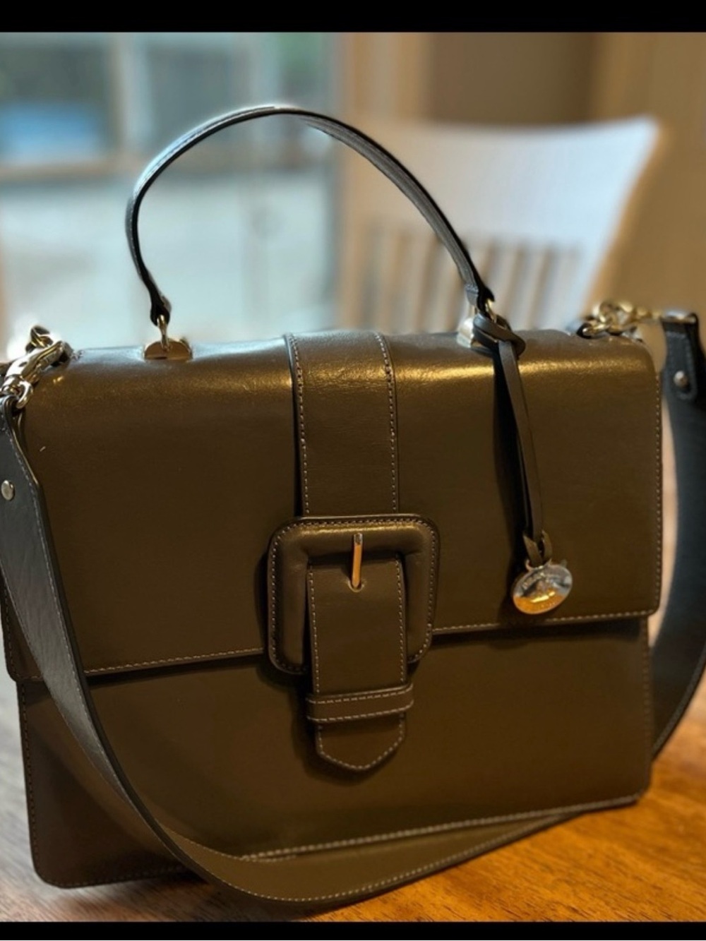 Olive Green Structured Leather Top-Handle Bag